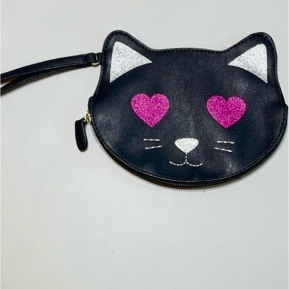 BETSEY JOHNSON PURSE BLACK PINK CAT WRISTLET KEY BAG PINK GLITTER HEART EYES NEW - Picture 6 of 10